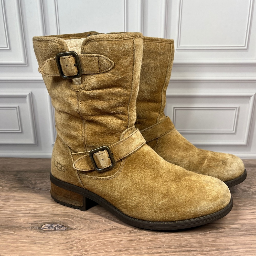 UGG Moto Boots Women Tan Suede Buckle Mid-Calf Side Zip 1006042 Size 8